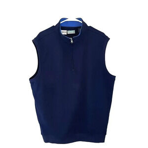 Allan Flusser Mens Navy Sweater Vest Henley L Golf 1/4 Zip Casual Preppy Dad